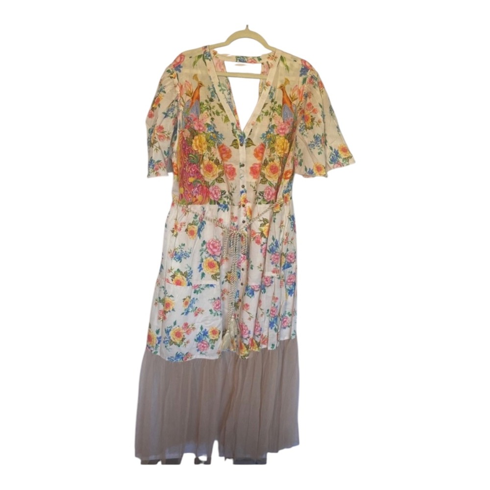 Aratta Silent Journey Floral Peacock Tulle Hem Midi Dress Cream XL ED25F711